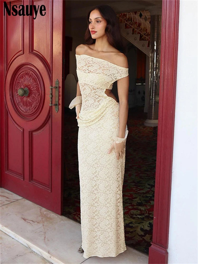 Nsauye Lace Hollow Out Women Fashion Sexy Night Club Evening Dress Sleeveless Long Summer Party Bodycon Maxi 2025 Elegant Dress
