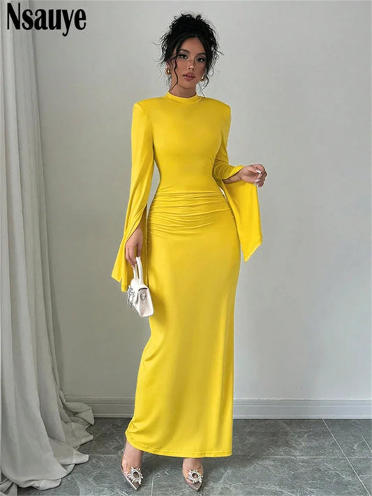 Nsauye 2024 Winter Sexy Elegant Party Dress For Women Vintage Clubwear Evening Birthday Holiday Long Sleeve Wrap Maxi Dresses