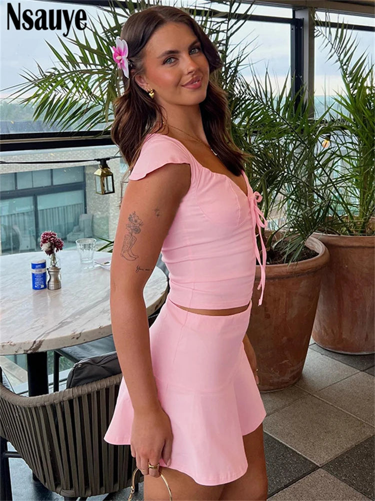 Nsauye Sexy Women Off Shoulder Mini Vest Crop Tops 2025 Summer Short Low Waisted Night Club Skirt Dress Fashion Two Piece Set