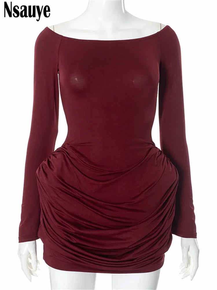 Nsauye Sexy Slash Neck Women Fashion Elegant Dress Long Sleeve Evening Birthday Party Clubwear Autumn Dress Low Waisted  2024
