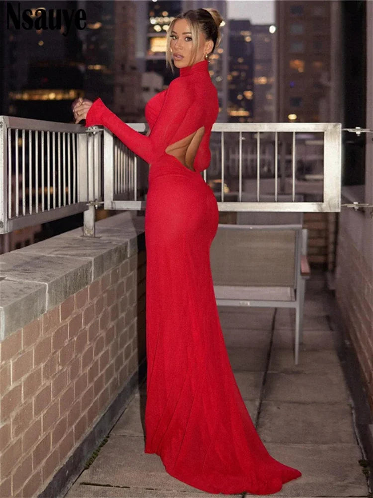 Nsauye Long Sleeve Sexy Backless Hollow Out Winter 2023 Maxi Club Red Dress Women Fashion Elegant Evening Party Dress Bodycon