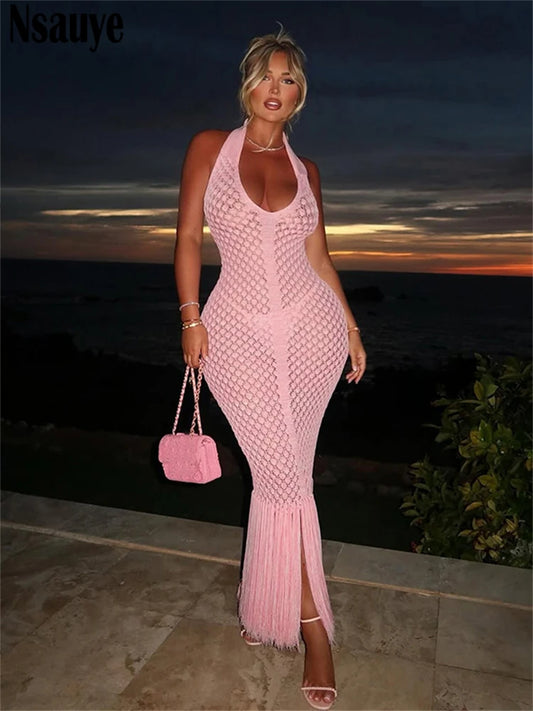 Nsauye Sexy Backless Women Evening Party Club Tassel Hollowed Out Elegant Dress Casual Beach Summer 2025 Long Knitted Dresses