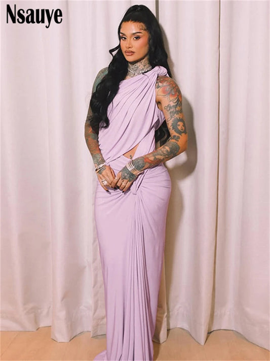 Nsauye 2025 Summer New Sleeveless One Shoulder Cut Out Slim Maxi Dress Club Party Women Elegant Formal Evening Long Dresses