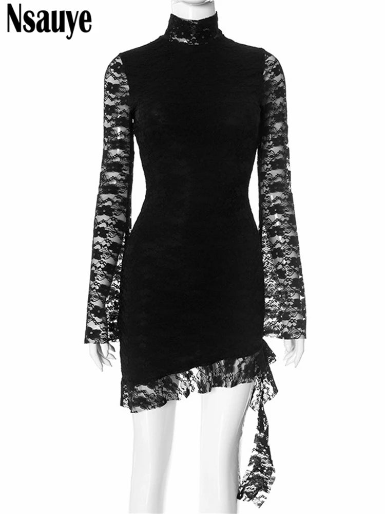 Nsauye Turtleneck Long Sleeve Lace Mini Bodycon Dresses Tassels Evening Party Birthday Short Dress Vestidos Women Summer 2025