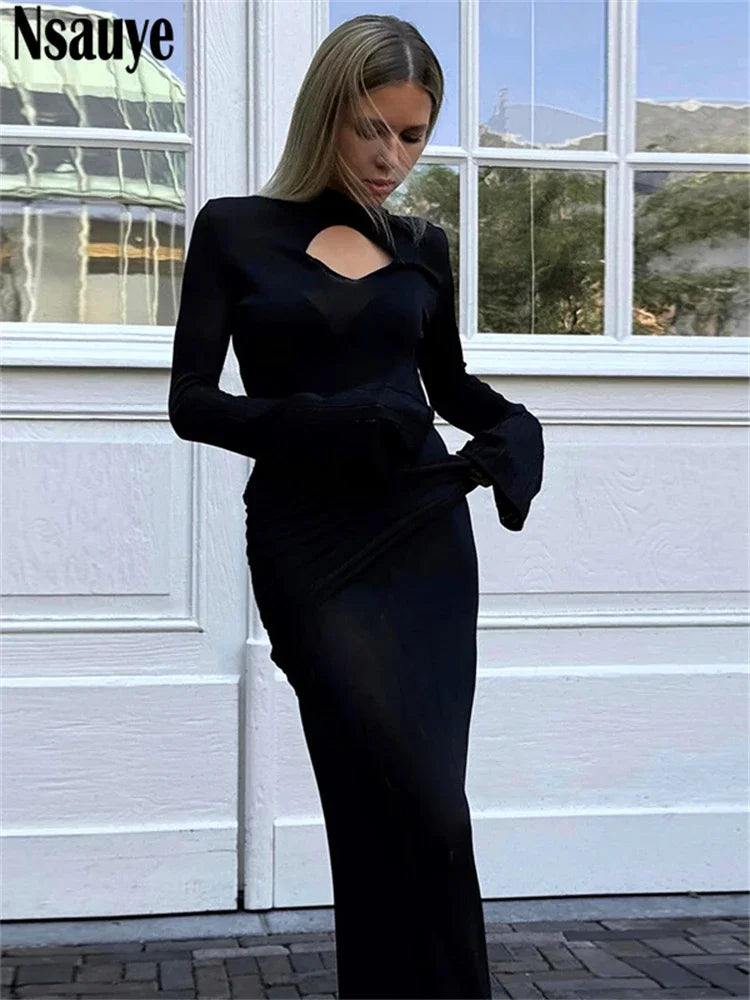 Nsauye Black Dress Chic Long Maxi Hollow Out New Fashion Sexy Night Club Elegant Bodycon Birthday Party Dress Women Clothes 2024