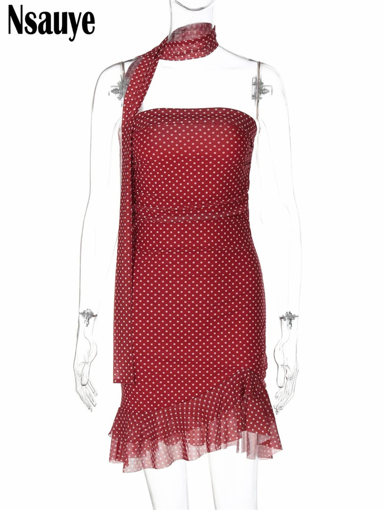 Nsauye Fashion Women Sleeveless Strapless Mini Dress Backless Dot Print Ruffles Short Dresses Summer Vacation Club Party 2025