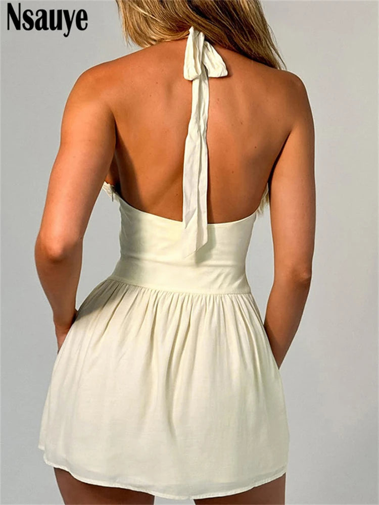 Nsauye Fashion Women Halter Mini A-Line Skinny Backless Short Dress Sexy Night Club High Waist Party Dress Summer Vacation 2025
