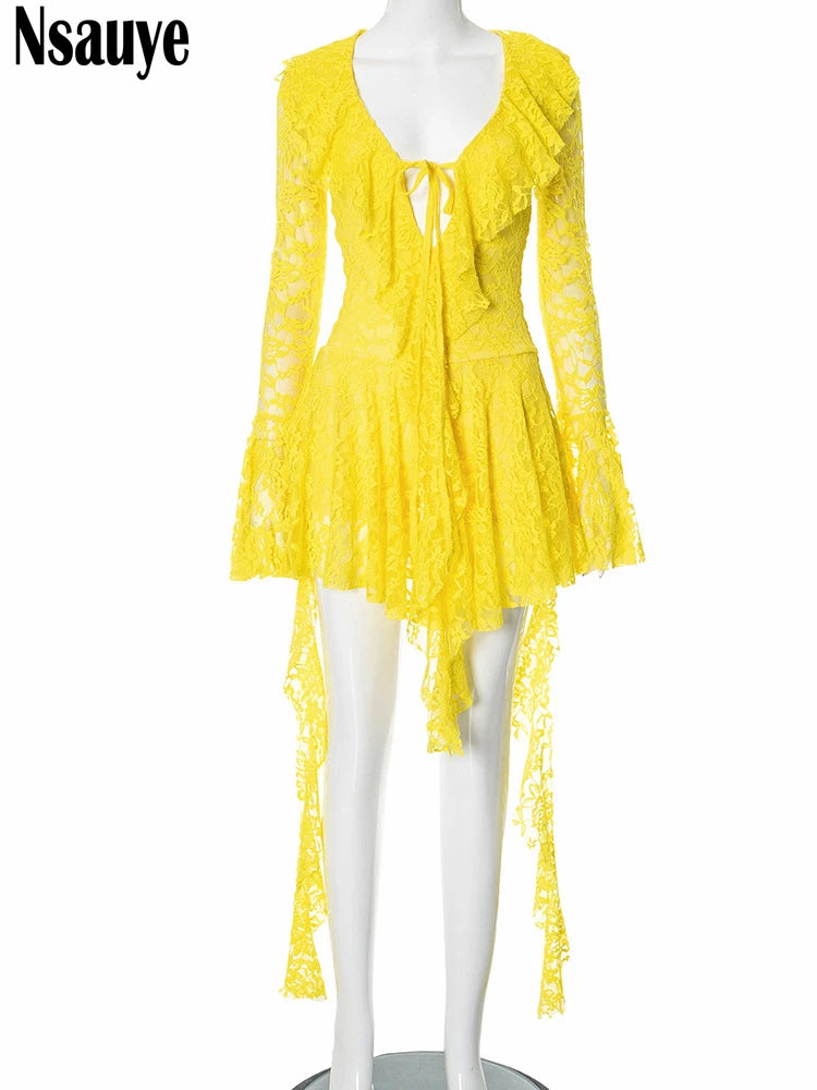 Nsauye Fashion Elegant Ruffles Long Sleeve Short Dress Women Summer See Through Sexy Night Club Evening Party Low Cut Out Dress