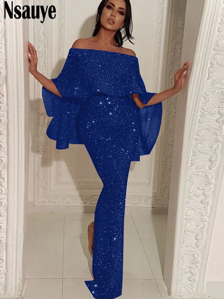 Nsauye 2022 Bling Glitter Elegant Party Evening Maxi Dress Y2K Bodycon Sexy Women Summer Off Shoulder Ruffles Solid Long Dresses