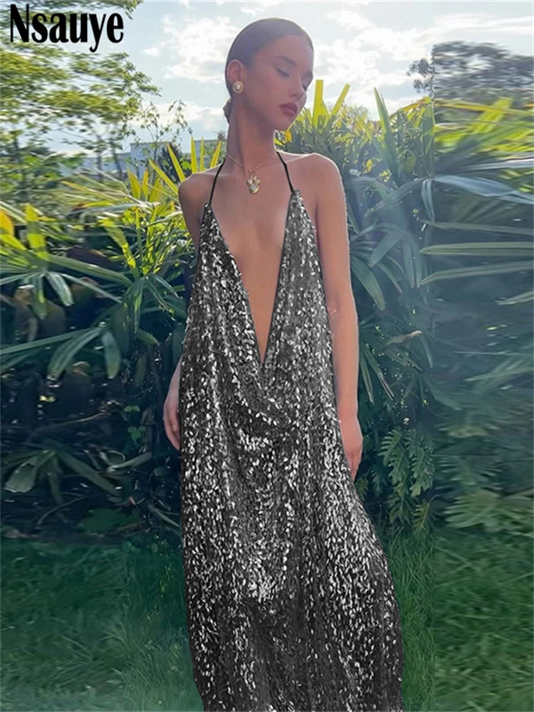 Nsauye Women Casual Fashion Elegant Summer Beach Holiday Halter Sequins Dress Sexy Evening Party Night Club A-Line Dress 2025