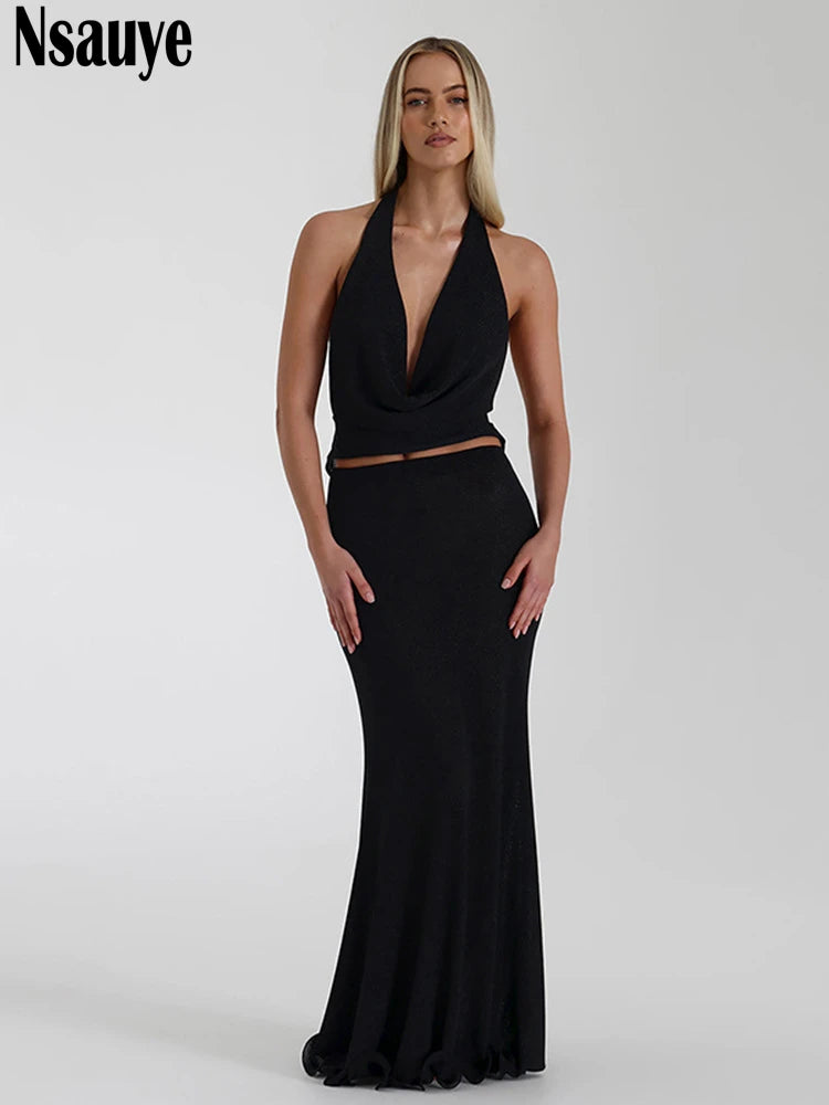 Nsauye 2025 Women Summer New Fashion Sexy Low Cut Out Long Dress High Waisted Night Club Party Elegant Evening Dress Outfits