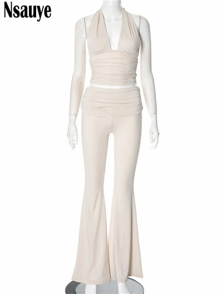 Nsauye Women Fashion Y2K Casual Tracksuit Summer 2025 Halter Skinny Crop Tops Long Low Waisted Sexy Pants Trousers Two Piece Set