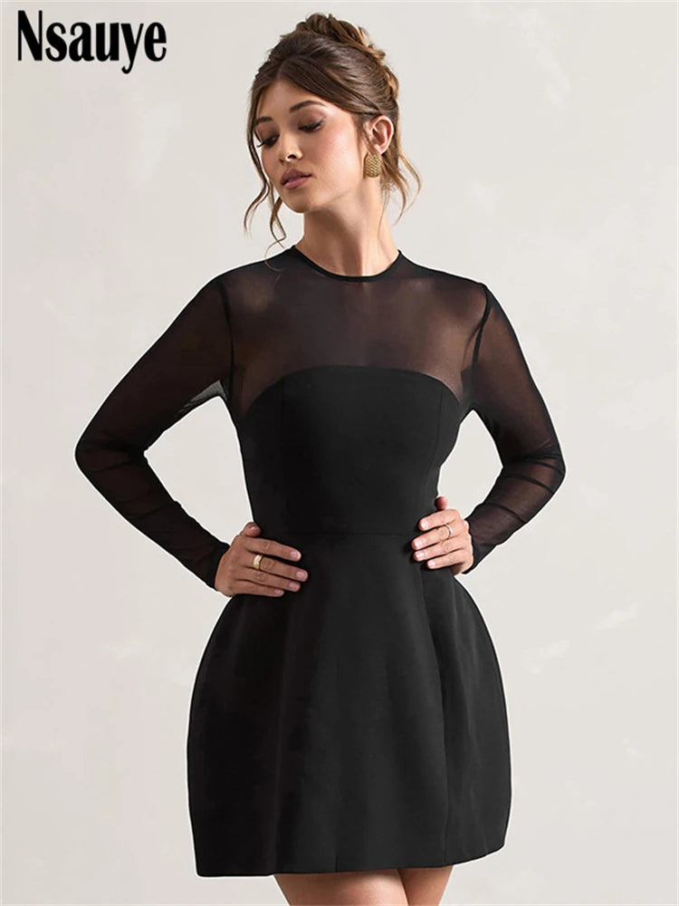Nsauye Solid Long Sleeve Women Elegant Sexy Slim A-Line Dresses Streetwear Women Fashion Bodycon Mesh Patchwork Club Party Dress