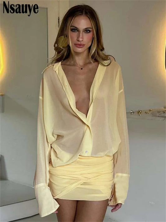 Nsauye Sexy Women New Elegant Evening Party Night Club Dress Bodycon Long Sleeve 2025 Ruched V Neck Fashion Blouse Dress Outfits