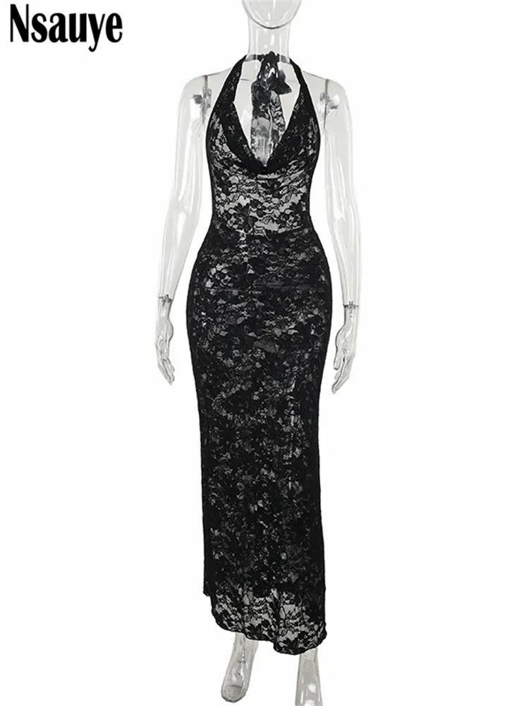 Nsauye 2024 Sexy Backless Halter Casual Beach Holiday Long Fashion Dress Elegant Night Club Hollow Out Party Maxi Wrap Dress