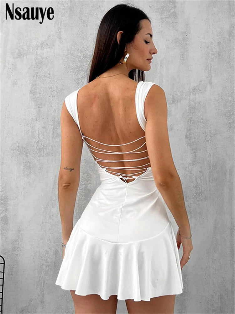 Nsauye 2025 Spring New Strap Sleeveless Hollow Out Bandage Backless A-Line Dress Club Party Women Elegant Sexy Dresses Vestidos