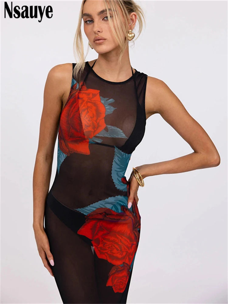 Nsauye Fashion Floral Printed O Neck Chic Mesh See Through Women Sexy Dress Evening Holiday Beach Summer Party Club Long Dress