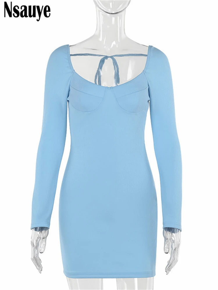 Nsauye Casual Holiday Women Fashion Elegant Dress Ribber Knitted Long Sleeve Lace Up Sexy Club Party Y2K Dress Winter Outfits