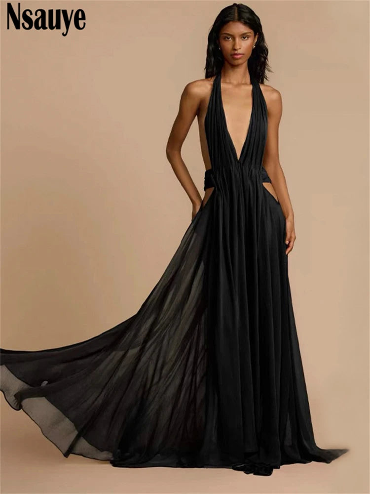 Nsauye Sexy Women Halter Maxi Night Club Elegant Pleated Dress Low Cut Out Backless Long Evening Party Fashion A-Line Dress 2025