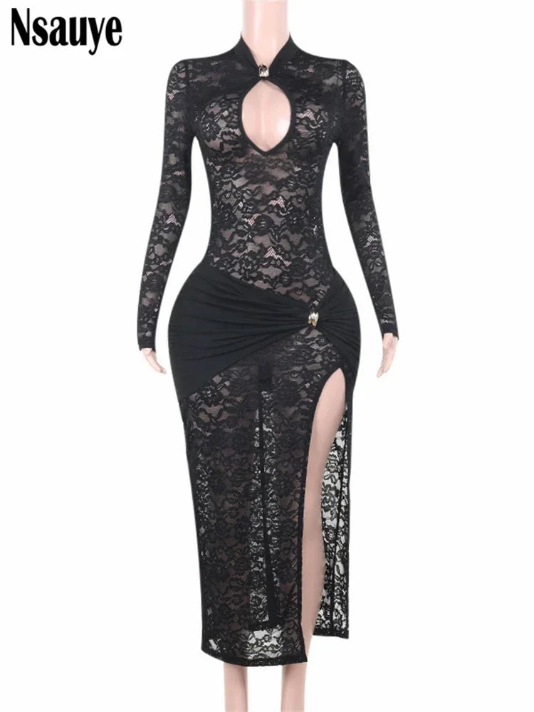 Nsauye Winter Women Lace Hollow Out Elegant High Split Maxi Dress Long Sleeve Evening Party Lady 2024 Birthday Dresses Vestidos