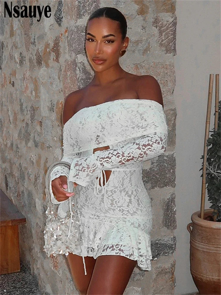 Nsauye Women Sexy Ruffles Chic Lace Hollow Out Long Sleeve Dress Mini Holiday Party Clubwear Fashion Elegant Dress Autumn 2024