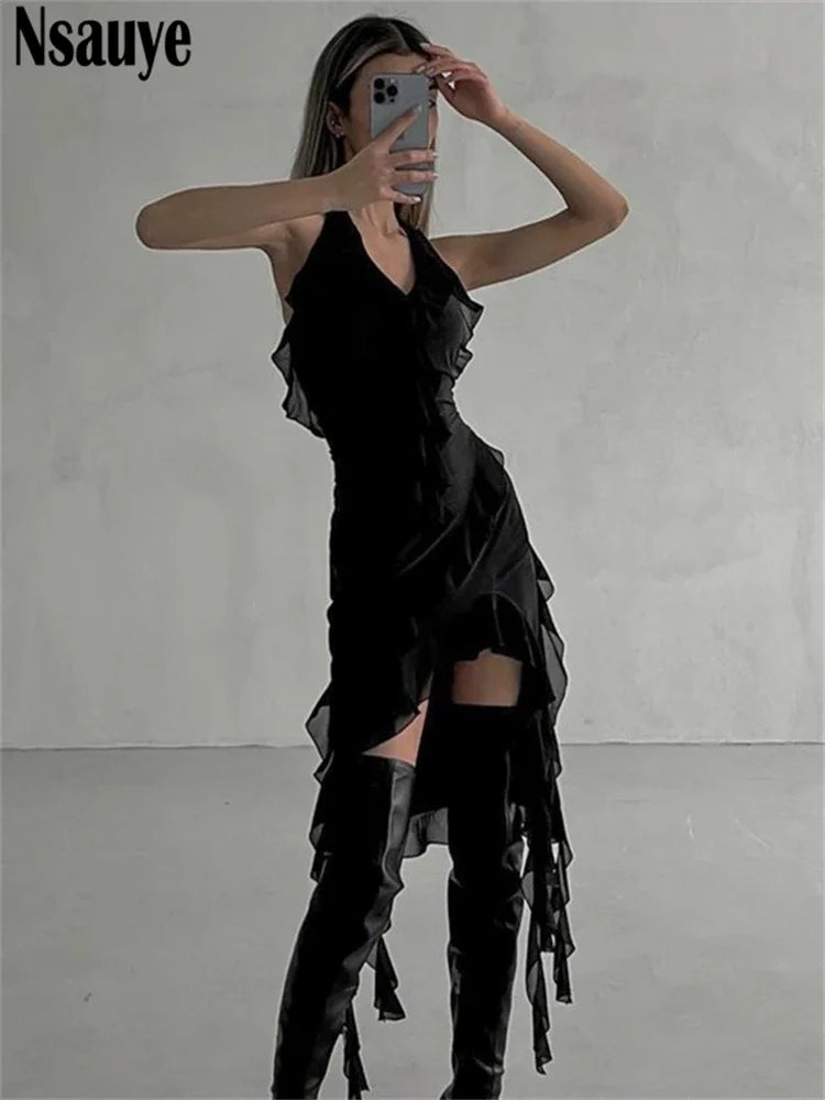 Nsauye 2023 Sexy Backless Women Lace Up Ruffles Halter Off Shoulder Mini Dress Club Fashion Party Evening Black Y2K Dress Summer