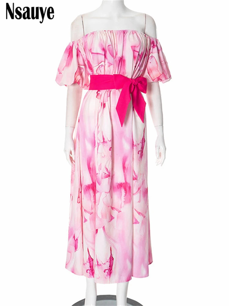 Nsauye 2025 Spring Summer Women Y2K Print Floral Off Shoulder Short Puff Sleeve Long Dresses Club Party Holiday A-Line Dress