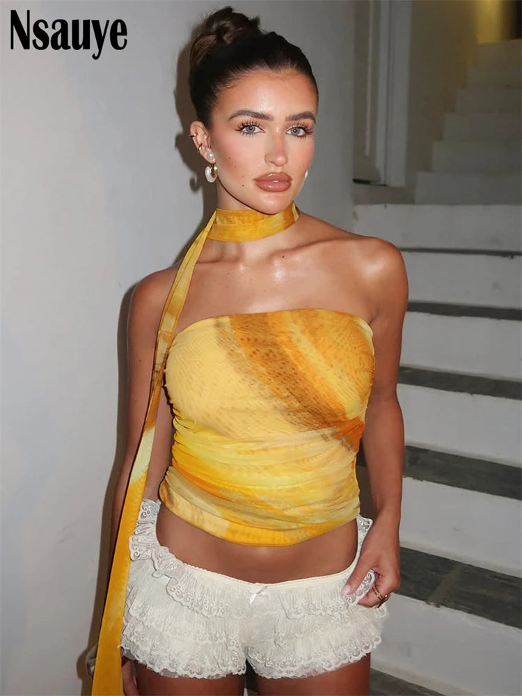 Nsauye 2025 New Sleeveless Halter Tie Dye Print Crop Top Streetwear Summer Women Clothes Y2K Sexy Backless Ruched Tank Tops Club