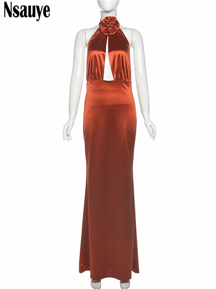 Nsauye Evening Dress Long Halter New Fashion Flowers Satin Maxi Bodycon Backless 2025 Elegant Sexy Club Party Dress Women Summer