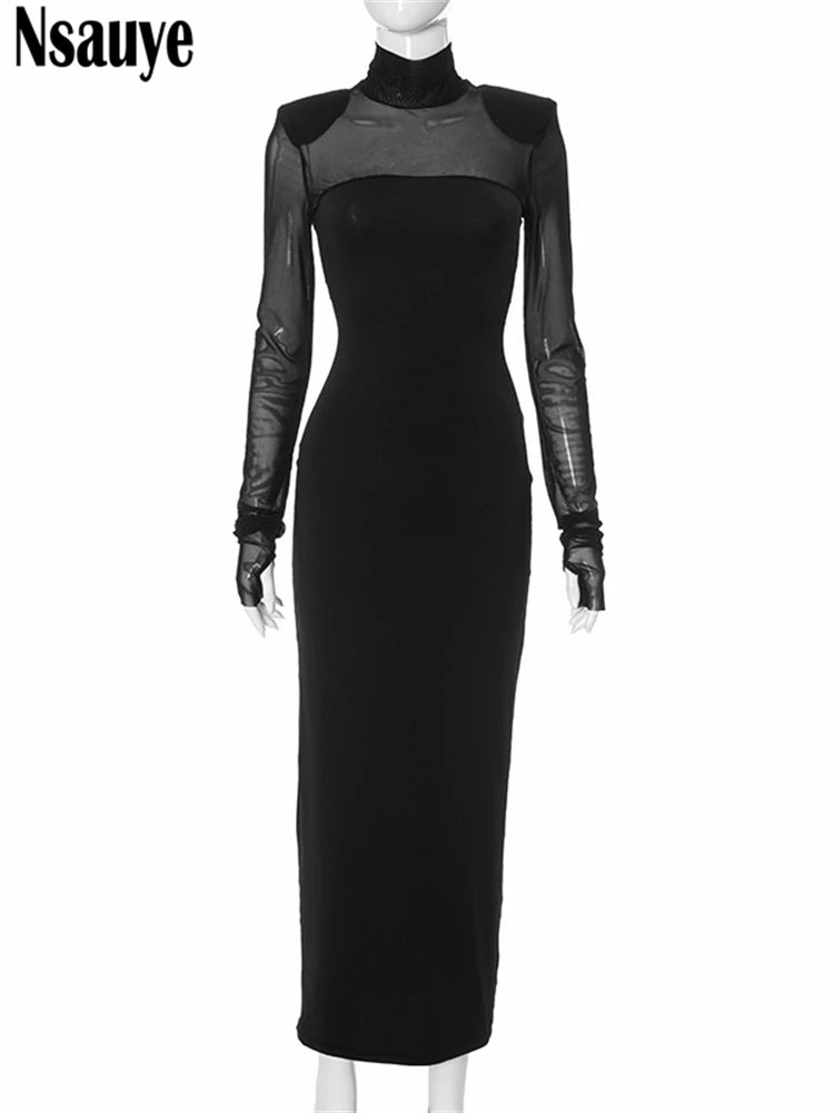 Nsauye Women Black Elegant Striped Mesh Long Sleeve Fashion Dress Autumn 2024 Sexy Evening Party Night Club Maxi Wrap Dress