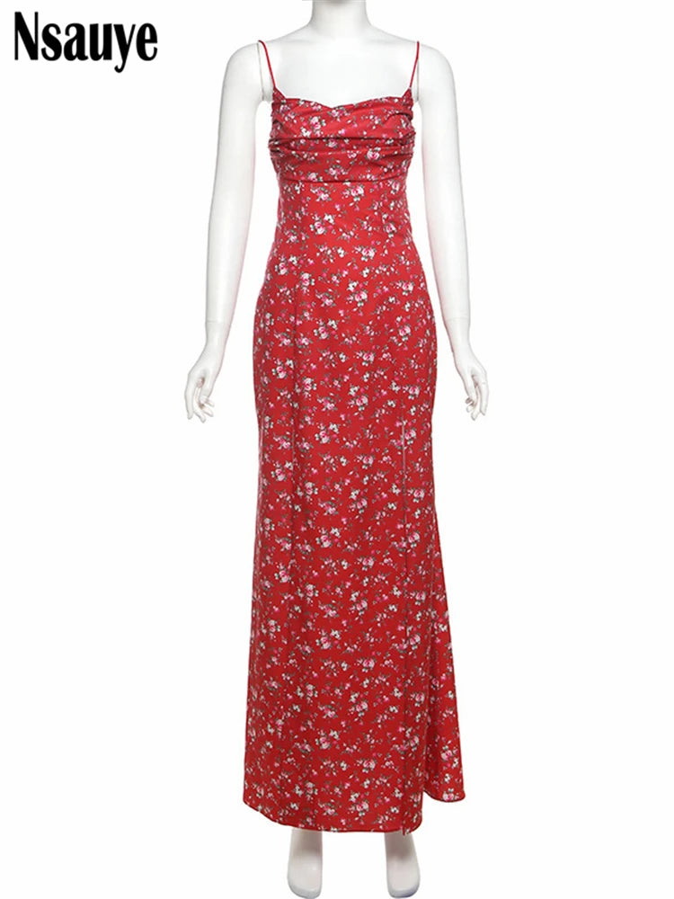 Nsauye Women Summer Sexy Floral Print Bodycon Lady Sleeveless Long Backless Dresses Spaghetti Strap Split Vestidos Elegant Party