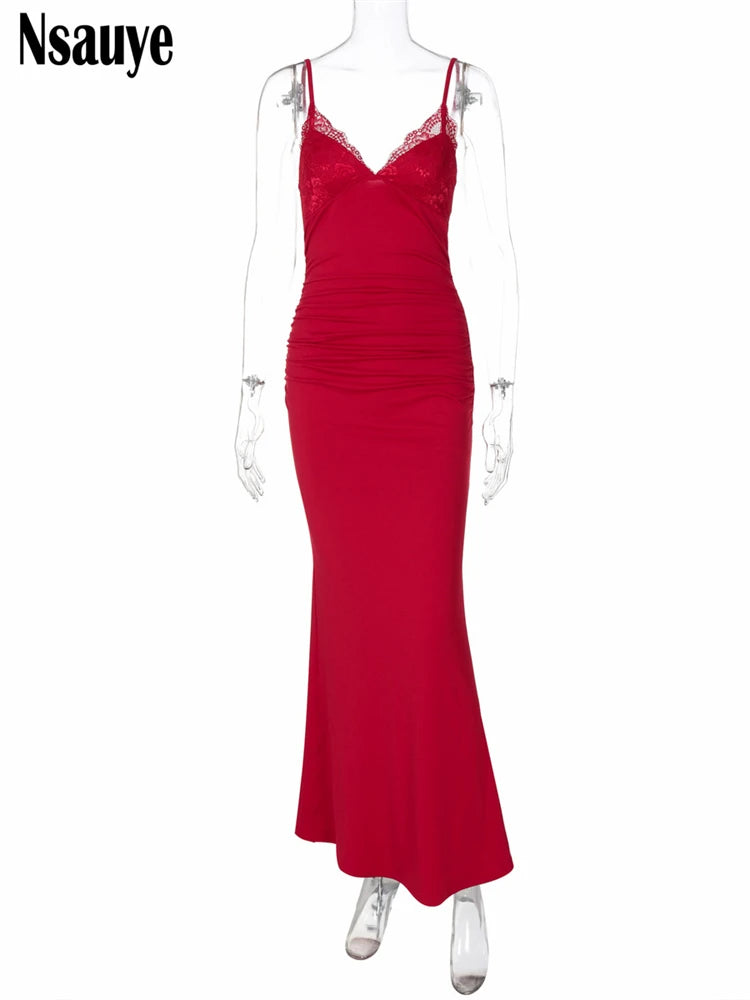 Nsauye Summer Solid New Long Dress Women Fashion Lace Spaghetti Strap Backless Slim  Maxi Dress Female Elegant Lady Party Dress