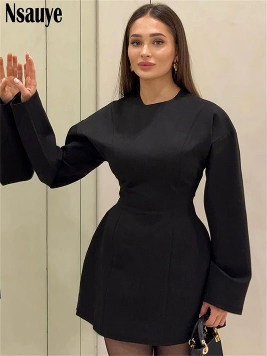 Nsauye Women Mini New Fashion Elegant Slim A-Line Dress Long Sleeve Dress High Waisted Evening Party Sexy Club Ladies Dress 2024