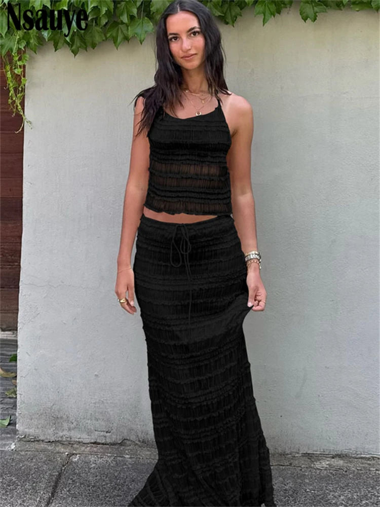 Nsauye 2025 Summer New Fashion Casual Beach Skirt Two Piece Set Sexy Halter Crop Tops Long Ruched Party Maxi Clubwear Skirt Suit