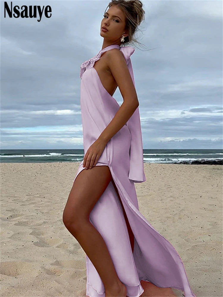 Nsauye 2025 New Aesthetic Flower Dress Women Long Fashion Summer Halter Beach Satin White Night Club Sexy Party Dress Outfits