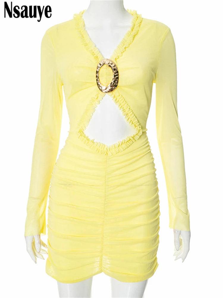 Nsauye New Elegant Women Sexy Ruffles Hollow Out Night Club Short Dress Mesh Ruched Long Sleeve Mini Party Summer Dress 2025