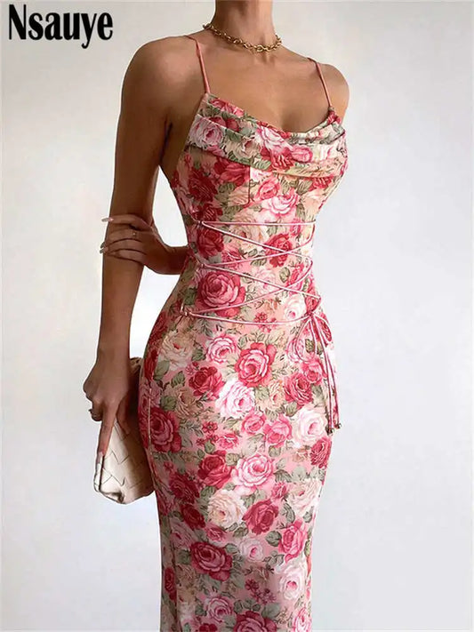 Nsauye 2025 Spring Summer Floral Print Spaghetti Strap Long Dresses Women Sleeveless Backless Bandage Women Elegant Party Dress