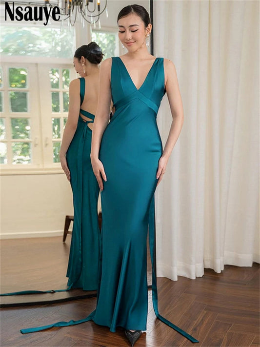 Nsauye Dress Women Elegant New Fashion Clothing Outfit Satin Long Lace Up Sleeveless Bodycon Sexy Evening Party Night Club Dress