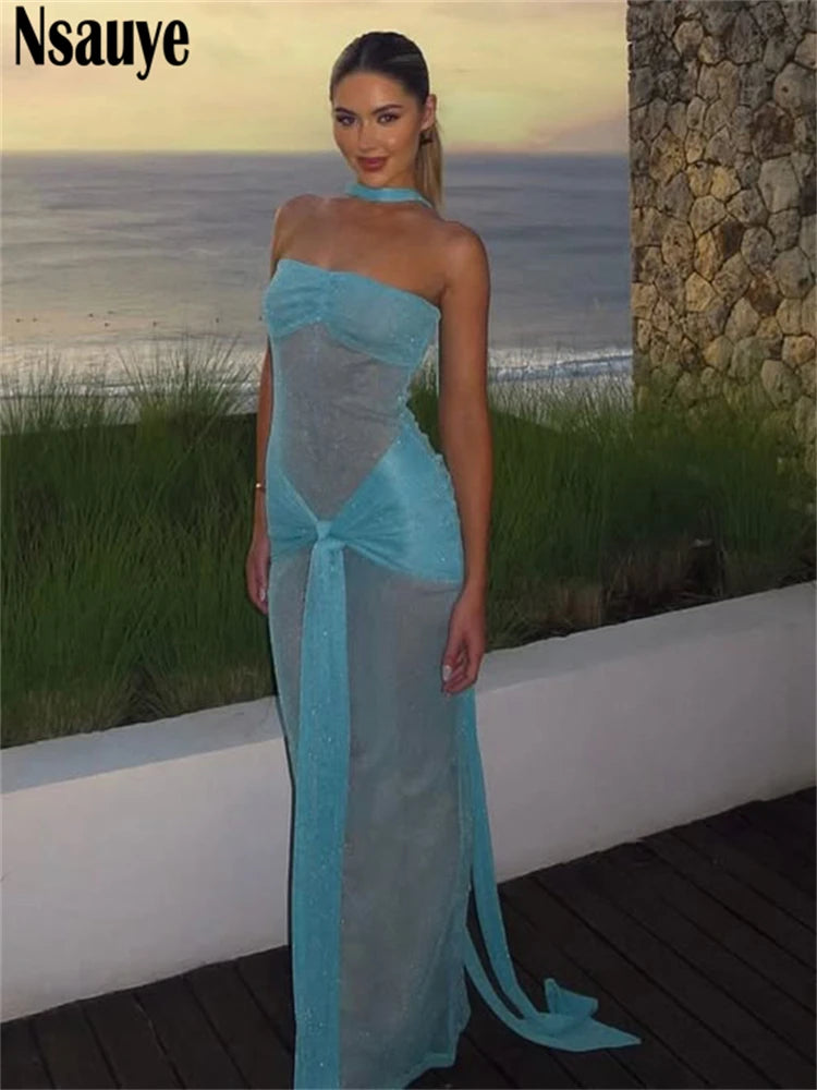 Nsauye Women Chic Sexy Strapless Night Club Evening Party Summer Dress 2025 Maxi Bodycon Elegant Off Shoulder High Waisted Dress