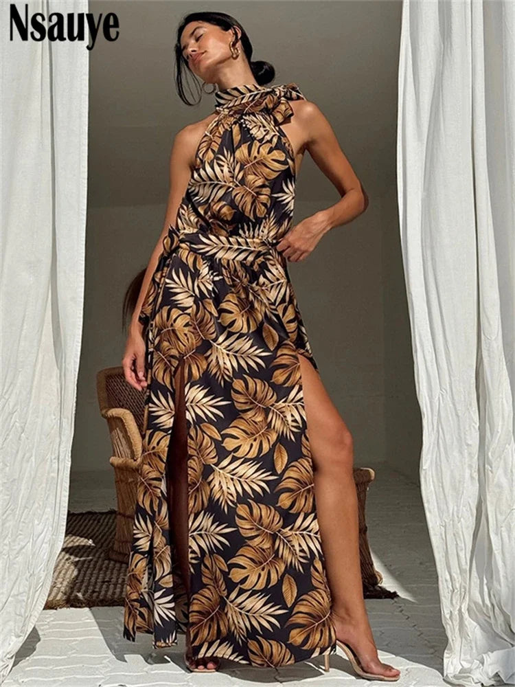 Nsauye Sexy Women Halter Backless Vintage Flowers Leaf Printed Dress 2025 Casual Holiday Summer Beach Sexy Party Long Club Dress