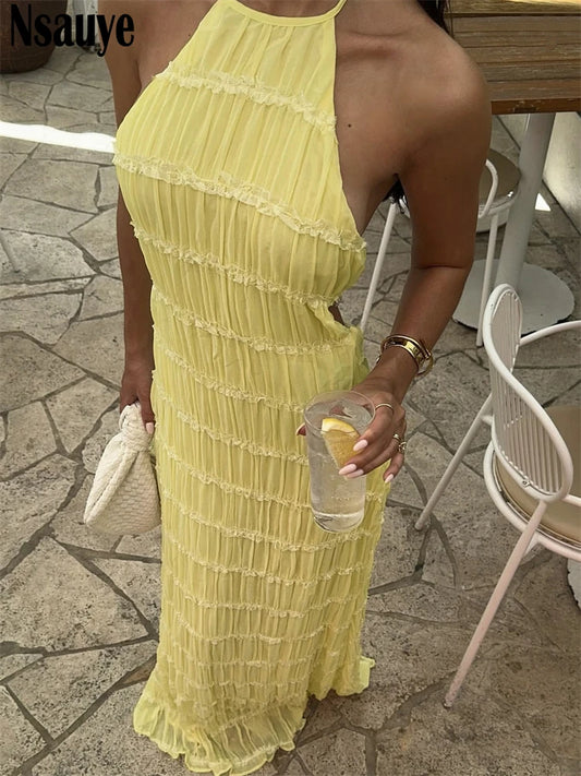Nsauye Women Sexy New Fashion Pleated Halter Long Summer Vacation Dress Casual Beach 2025 Night Club Evening Party Dress Elegant