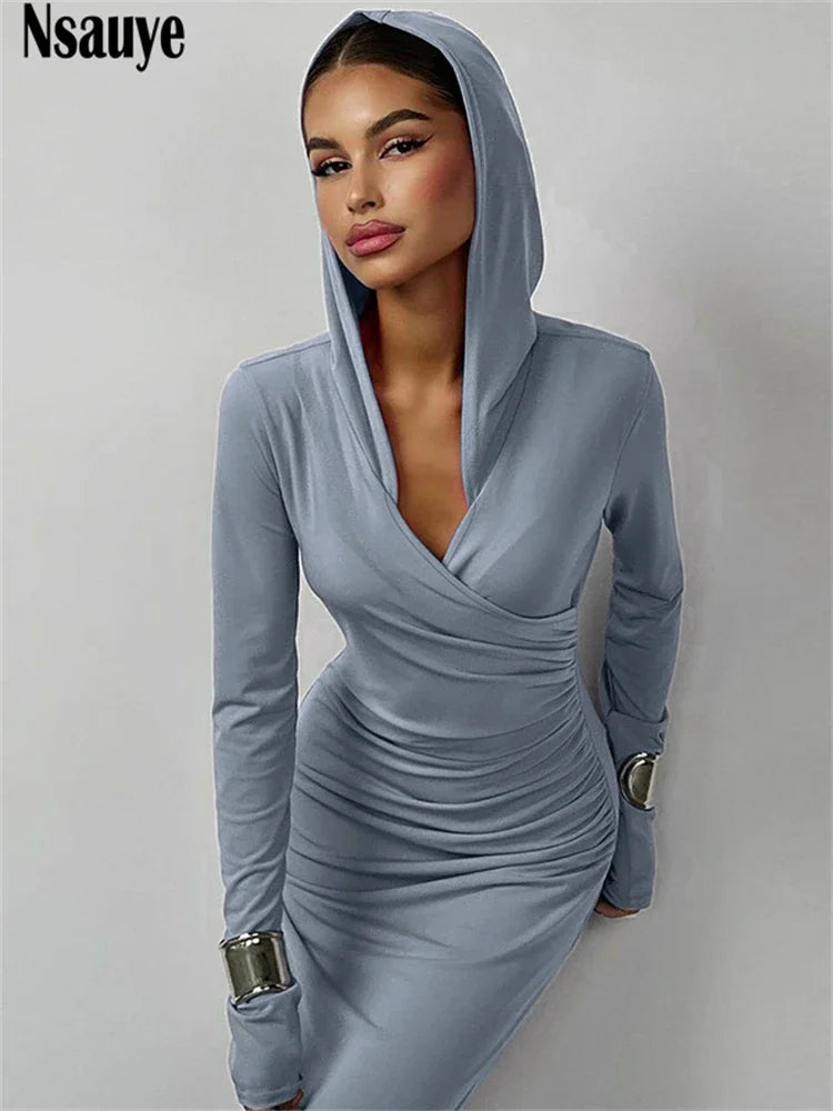 Nsauye Ladies Elegant Long Sleeve Hooded Long Dresses 2023 Winter Casual Women Slim Holiday Party Sexy Bodycon Dress Vestidos
