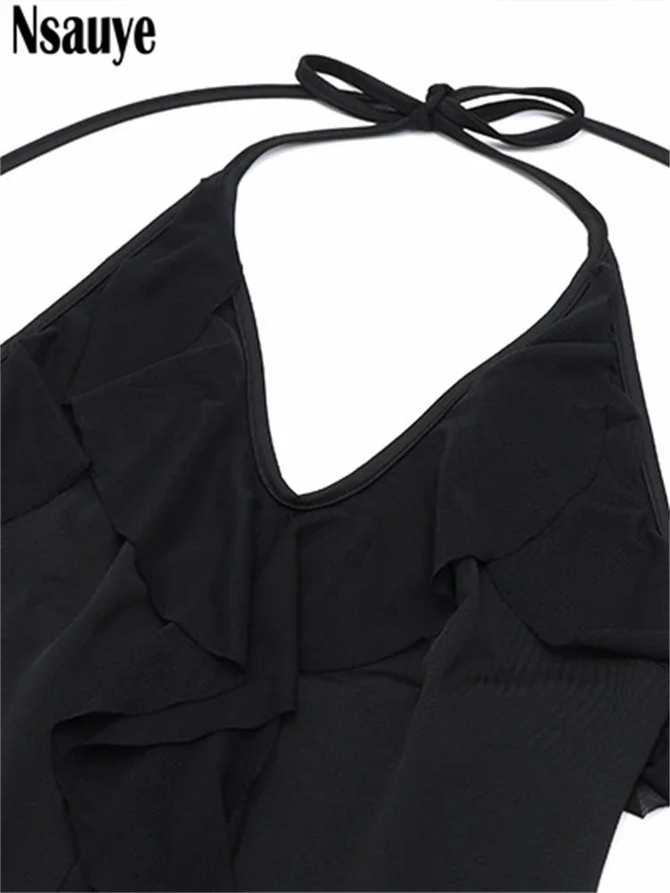 Nsauye 2023 Sexy Backless Women Lace Up Ruffles Halter Off Shoulder Mini Dress Club Fashion Party Evening Black Y2K Dress Summer