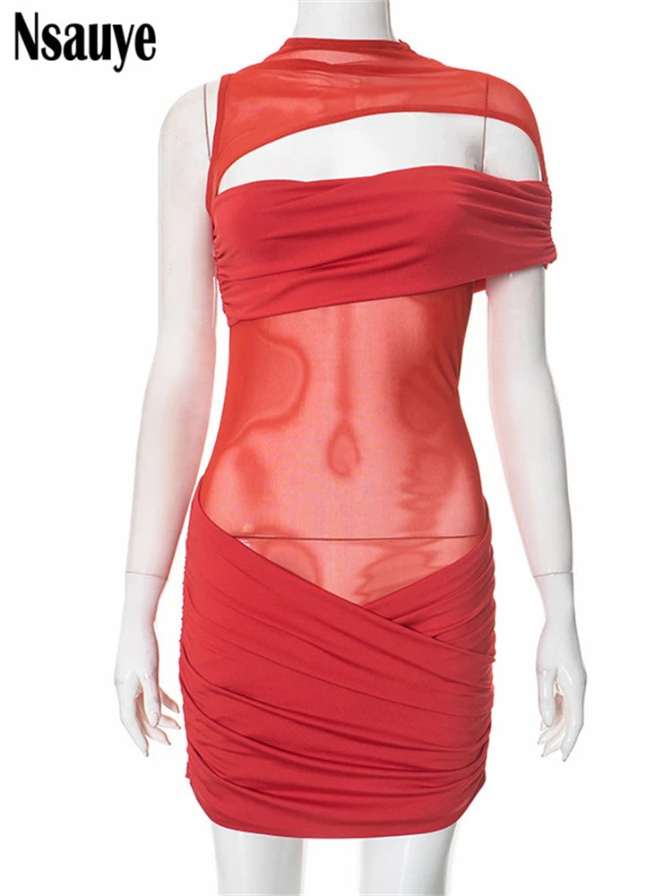 Nsauye Hollow Out One Shoulder Sleeveless Bodycon Mini Dresses Club Party Women See Through Sexy Chic Evening Dress Summer 2025