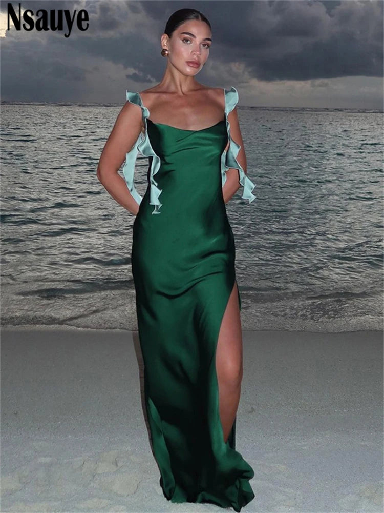 Nsauye Chic Vintage Holiday Women Sexy Long Night Club Satin Summer Dress Beach 2025 Evening Party Elegant Fashion Dress Bodycon