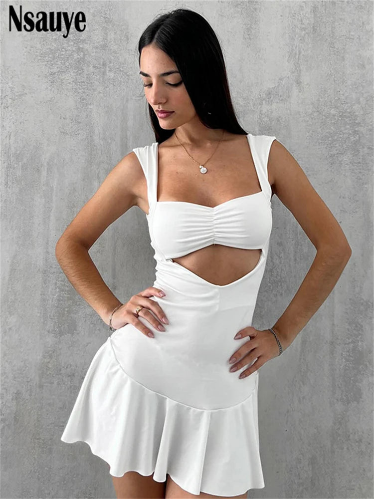 Nsauye 2025 Spring New Strap Sleeveless Hollow Out Bandage Backless A-Line Dress Club Party Women Elegant Sexy Dresses Vestidos