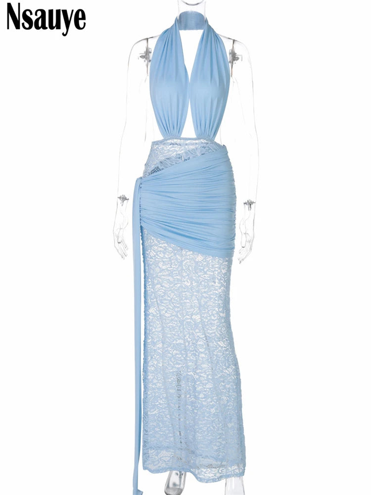 Nsauye Women Dress Sexy Backless Long Fashion New Elegant Summer Halter Bodycon Low Waisted Evening Party Night Club Dress 2025
