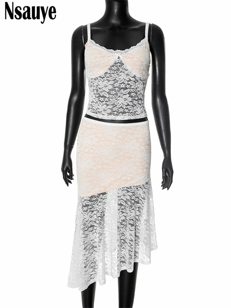 Nsauye 2025 Summer New Lace Dress Set Sling Crop Tops+Irregular Midi Skirt Women Beach Party Outfit Sexy 2 Piece Matching Sets