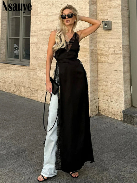 Nsauye Dress For Women Summer Elegant Backless Lace Satin Patchwork Sexy Night Club Evening High Split Party Fashion Dress 2025