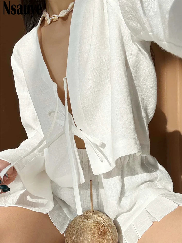 Nsauye Summer 2025 Casual Shorts Women Tracksuit Shorts Two Piece Set Outfits Sexy Strap Cardigans Tops Mini Beach Sexy Shorts